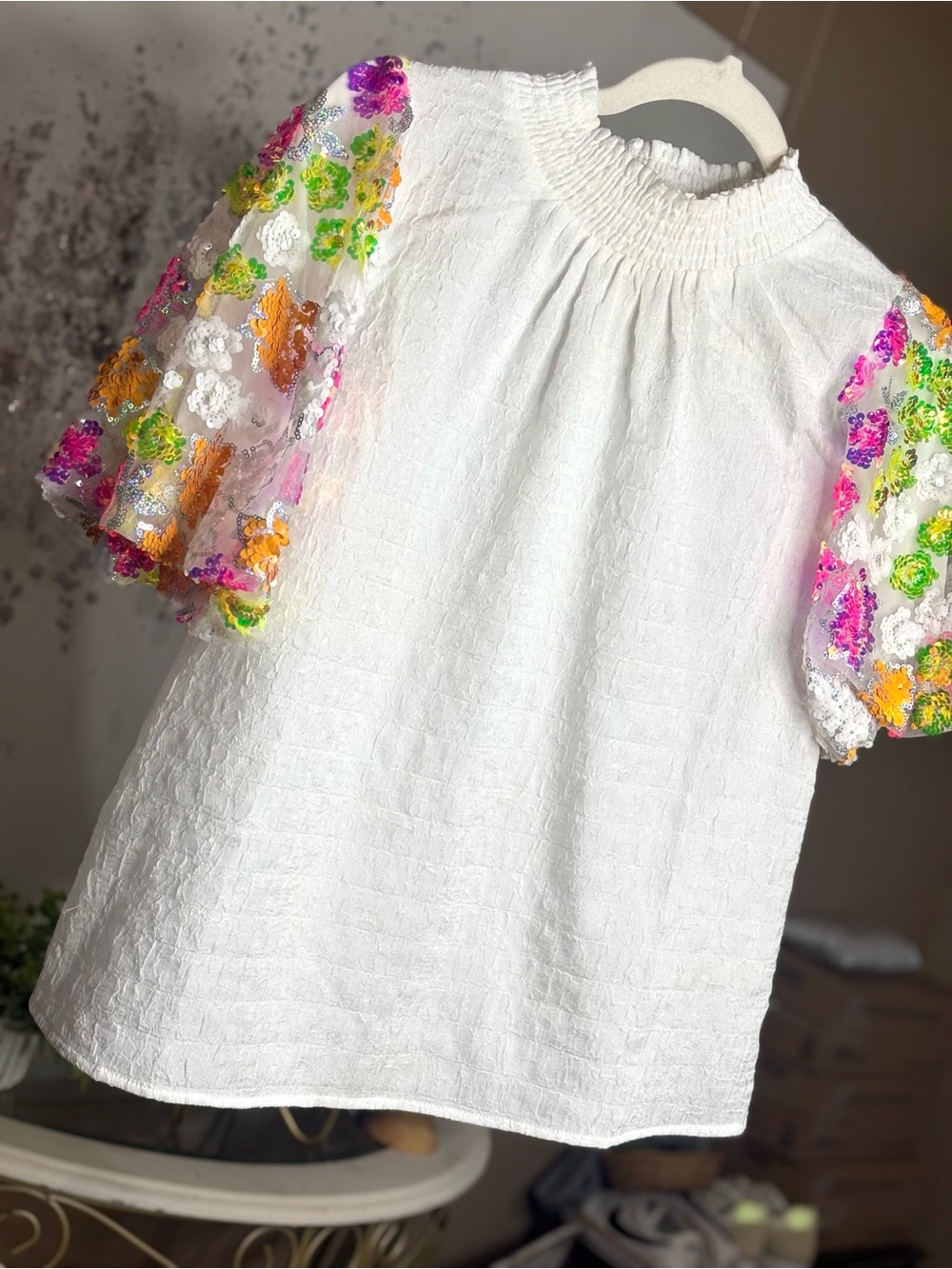THML White Textured Top with Multicolor Sequin Puff Sleeves